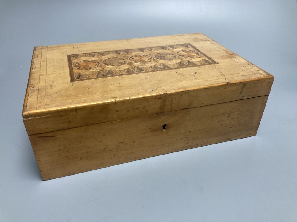 Five lignum vitae string dispensers, other treen ornaments, a parquetry box etc.